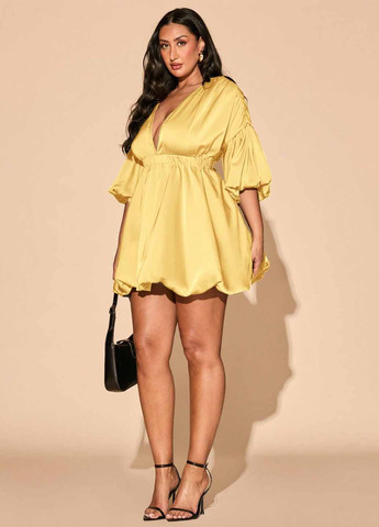 Желтое коктейльное, вечернее платье баллон SHEIN однотонное