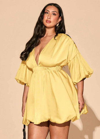 Желтое коктейльное, вечернее платье баллон SHEIN однотонное