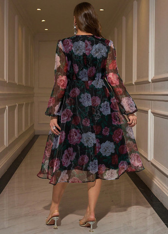 Чорна святковий, вечірня, кежуал сукня кльош, а-силует SHEIN з квітковим принтом