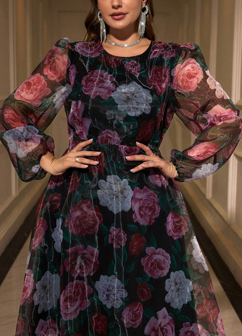 Чорна святковий, вечірня, кежуал сукня кльош, а-силует SHEIN з квітковим принтом