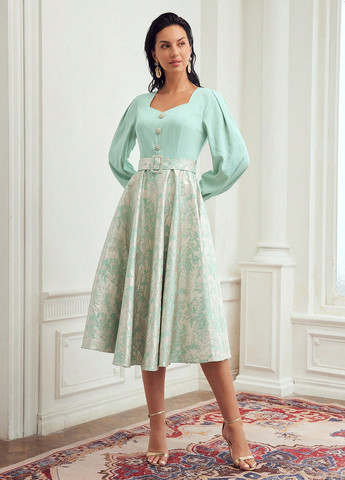 Светло-зеленое кэжуал, праздничный платье колокол SHEIN с рисунком