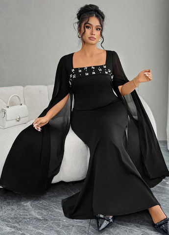 Чорна вечірня сукня годе, сукня-кейп SHEIN однотонна