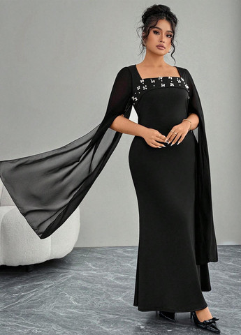 Чорна вечірня сукня годе, сукня-кейп SHEIN однотонна