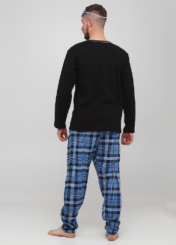 Пижама (лонгслив, брюки, маска для сна) Lucci лонгслив + брюки клетка синяя домашняя трикотаж, хлопок