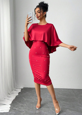 Світло-бордова вечірня сукня сукня-кейп, футляр SHEIN однотонна