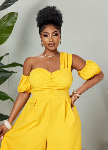 Комбінезон SHEIN комбінезон-брюки однотонний жовтий святковий, кежуал поліестер