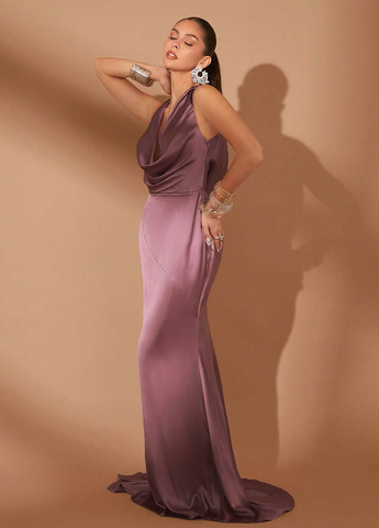Лиловое вечернее платье годе, со шлейфом, с открытой спиной SHEIN однотонное