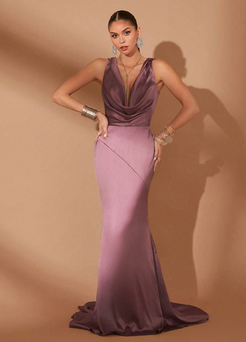 Лиловое вечернее платье годе, со шлейфом, с открытой спиной SHEIN однотонное