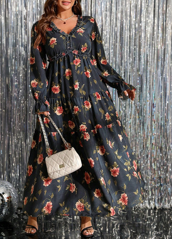 Чорно-білий кежуал сукня в стилі армпір, з спідницею-сонце SHEIN троянди