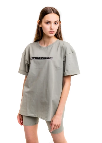 Костюм літній Comfort (Футболка жіноча Oversize + шорти велосипедки) з принтом Perspective оливковий Intruder (233194757)
