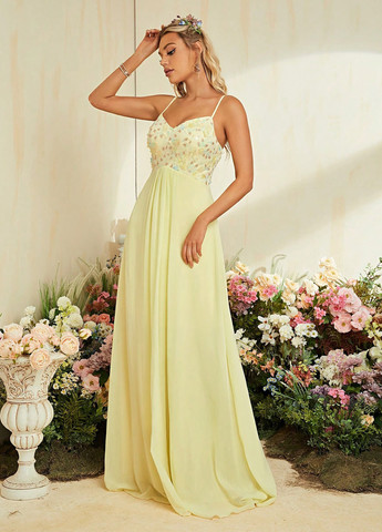 Світло-жовтий вечірня сукня з відкритою спиною, в стилі армпір SHEIN однотонна