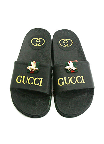 Черные шлепанцы Gucci с аппликацией, с заклепками, с логотипом