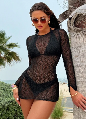 Чорна пляжна сукня з відкритою спиною SHEIN однотонна