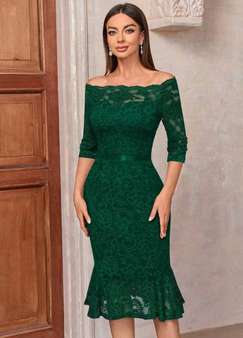 Темно-зелена святковий, коктейльна, вечірня сукня годе, з відкритими плечима SHEIN однотонна