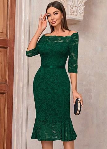 Темно-зелена святковий, коктейльна, вечірня сукня годе, з відкритими плечима SHEIN однотонна