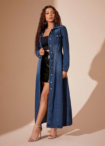 Темно-синя джинсова, кежуал сукня сукня-сорочка SHEIN однотонна