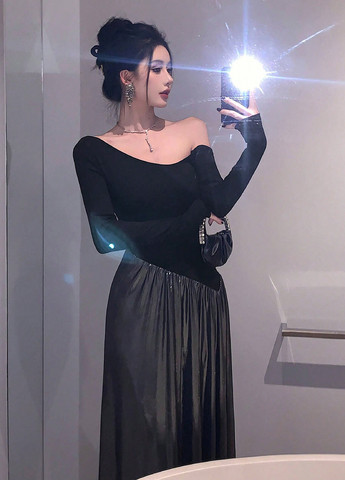 Серебряное праздничный, вечернее, деловое платье клеш, на одно плечо, а-силуэт SHEIN колор блок