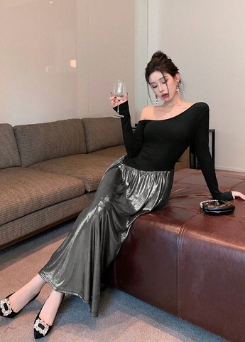 Серебряное праздничный, вечернее, деловое платье клеш, на одно плечо, а-силуэт SHEIN колор блок