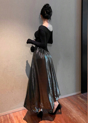 Серебряное праздничный, вечернее, деловое платье клеш, на одно плечо, а-силуэт SHEIN колор блок