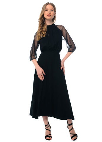 Черное коктейльное платье миди GENEVIE в горошек