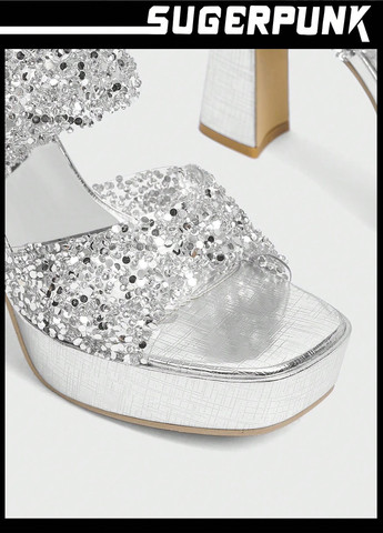 Серебряные босоножки SHEIN со стразами