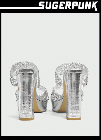 Серебряные босоножки SHEIN со стразами