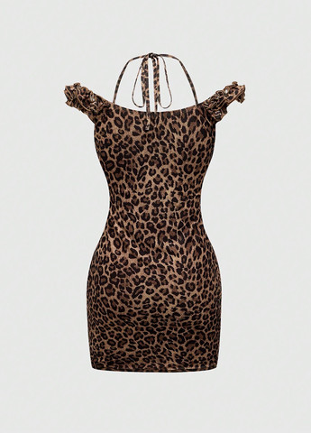 Коричнева кежуал сукня силуетна, з відкритими плечима SHEIN леопардовий