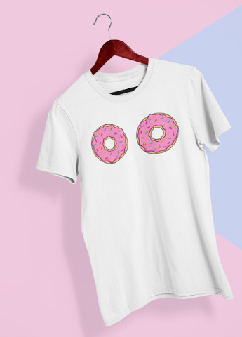 Біла всесезон футболка жіноча біла з принтом "пончики" Maybel