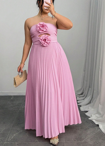 Розовое вечернее, кэжуал платье бандо, с открытыми плечами SHEIN однотонное