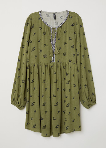 Оливковое (хаки) кэжуал платье клеш H&M с цветочным принтом