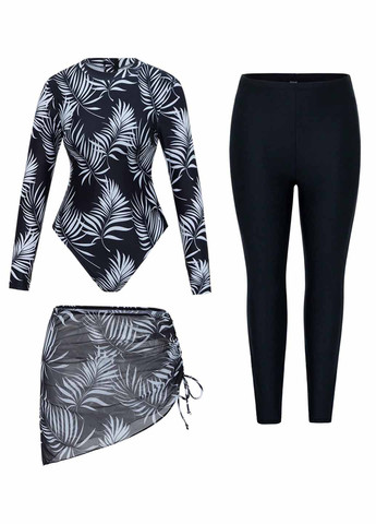 Черно-белый летний комплект (купальник, леггинсы, юбка) буркини SHEIN