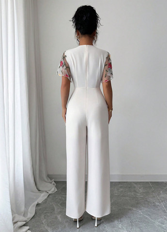 Комбинезон SHEIN комбинезон-брюки однотонный кремовый праздничный, вечерний полиэстер