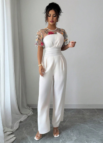 Комбинезон SHEIN комбинезон-брюки однотонный кремовый праздничный, вечерний полиэстер