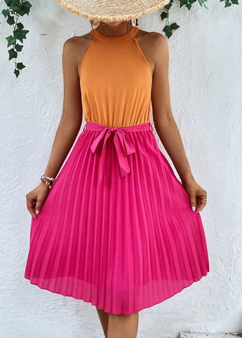 Розовое кэжуал платье плиссированное SHEIN колор блок