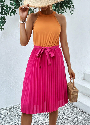 Розовое кэжуал платье плиссированное SHEIN колор блок