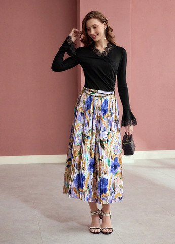 Лиловая кэжуал цветочной расцветки юбка SHEIN плиссе