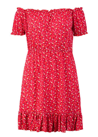 Красное кэжуал платье клеш, с открытыми плечами Boohoo с цветочным принтом