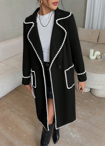 Черное демисезонное Пальто двубортное SHEIN