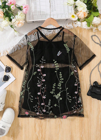 Черный летний комплект (топ, шорты, накидка) SHEIN