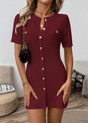 Бордова кежуал сукня силуетна, сукня светр SHEIN однотонна