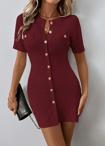 Бордова кежуал сукня силуетна, сукня светр SHEIN однотонна