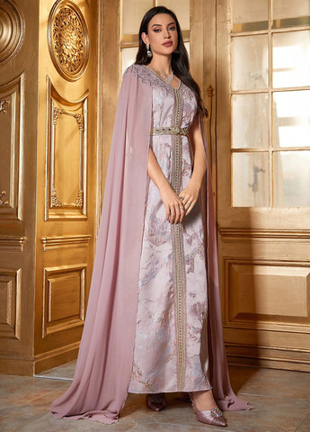 Пудрова вечірня сукня кльош, сукня-кейп SHEIN з абстрактним візерунком