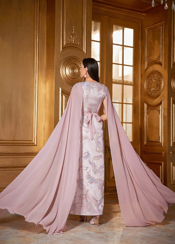 Пудрова вечірня сукня кльош, сукня-кейп SHEIN з абстрактним візерунком