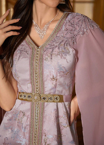 Пудрова вечірня сукня кльош, сукня-кейп SHEIN з абстрактним візерунком