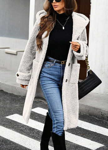 Светло-серое зимнее Пальто однобортное SHEIN