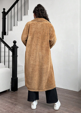 Темно-бежевое зимнее Пальто двубортное SHEIN