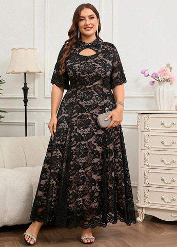 Чорна вечірня сукня силуетна, з спідницею-сонце SHEIN з квітковим принтом