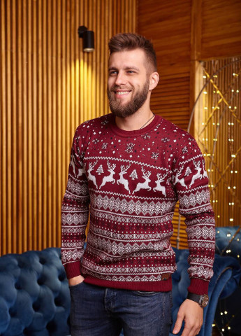 Бордовый зимний стильный свитер с оленями No Brand