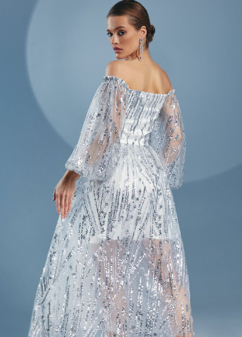 Серебряное вечернее белое платье с серебристыми пайетками Gepur однотонное