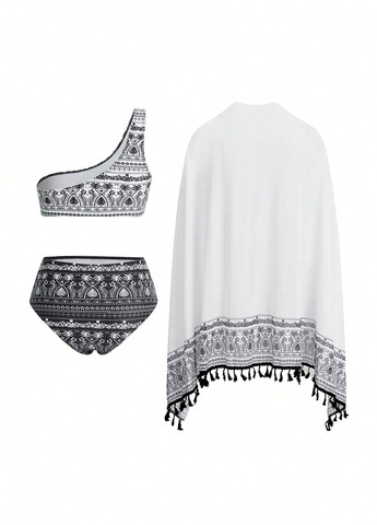 Чорно-білий літній комплект (купальний ліф, купальні трусики, накидка) топ, роздільний SHEIN